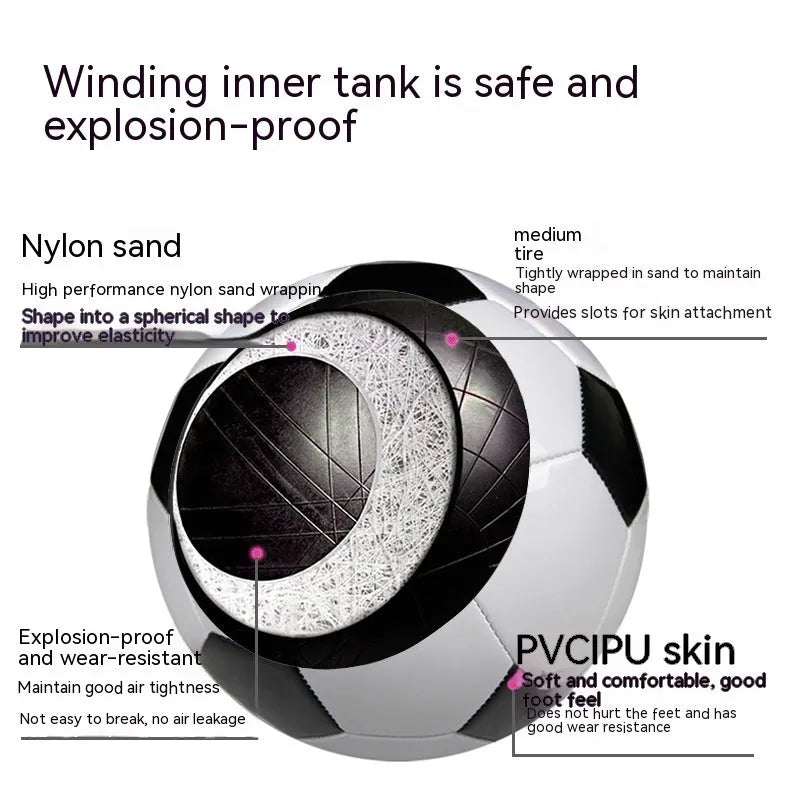 PVC machine-seam football for training and matches in sizes 3, 4, and 5 in various colour designs.