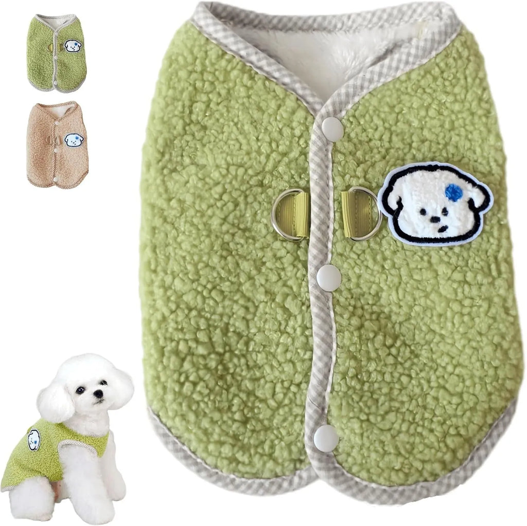Green coral fleece dog sweatshirt vest on a small dog, showing the collar leash ring.