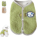 Green coral fleece dog sweatshirt vest on a small dog, showing the collar leash ring.