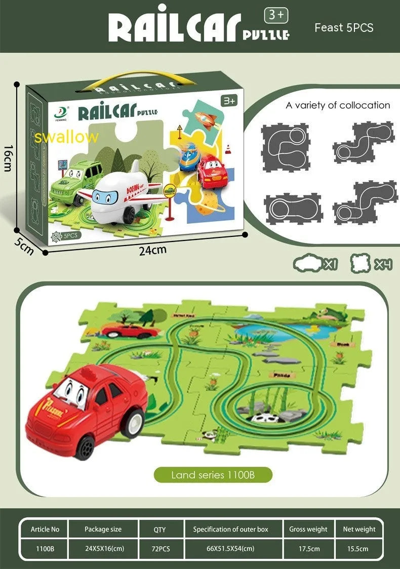 Children puzzle electric railroad speeder with automatic car and dinosaur-themed puzzle track pieces on floor