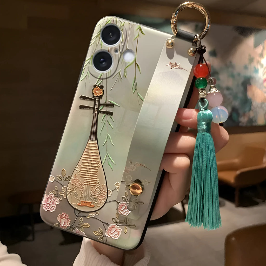 Retro Chinese style TPU phone case with black woven design and blue pipa flower-bird print for Apple iPhone anti-fall protection