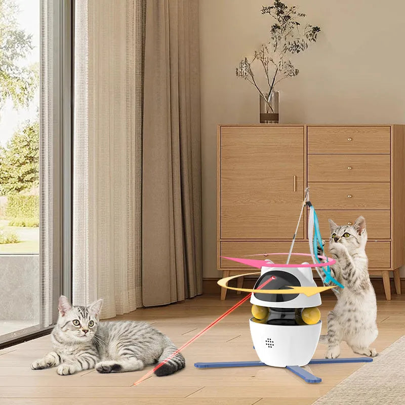 White automatic electronic cat toy with elastic rope extending from plastic base