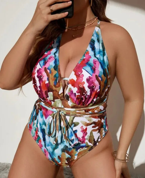 Purple halterneck one-piece swimsuit bikini with briefs style on mannequin