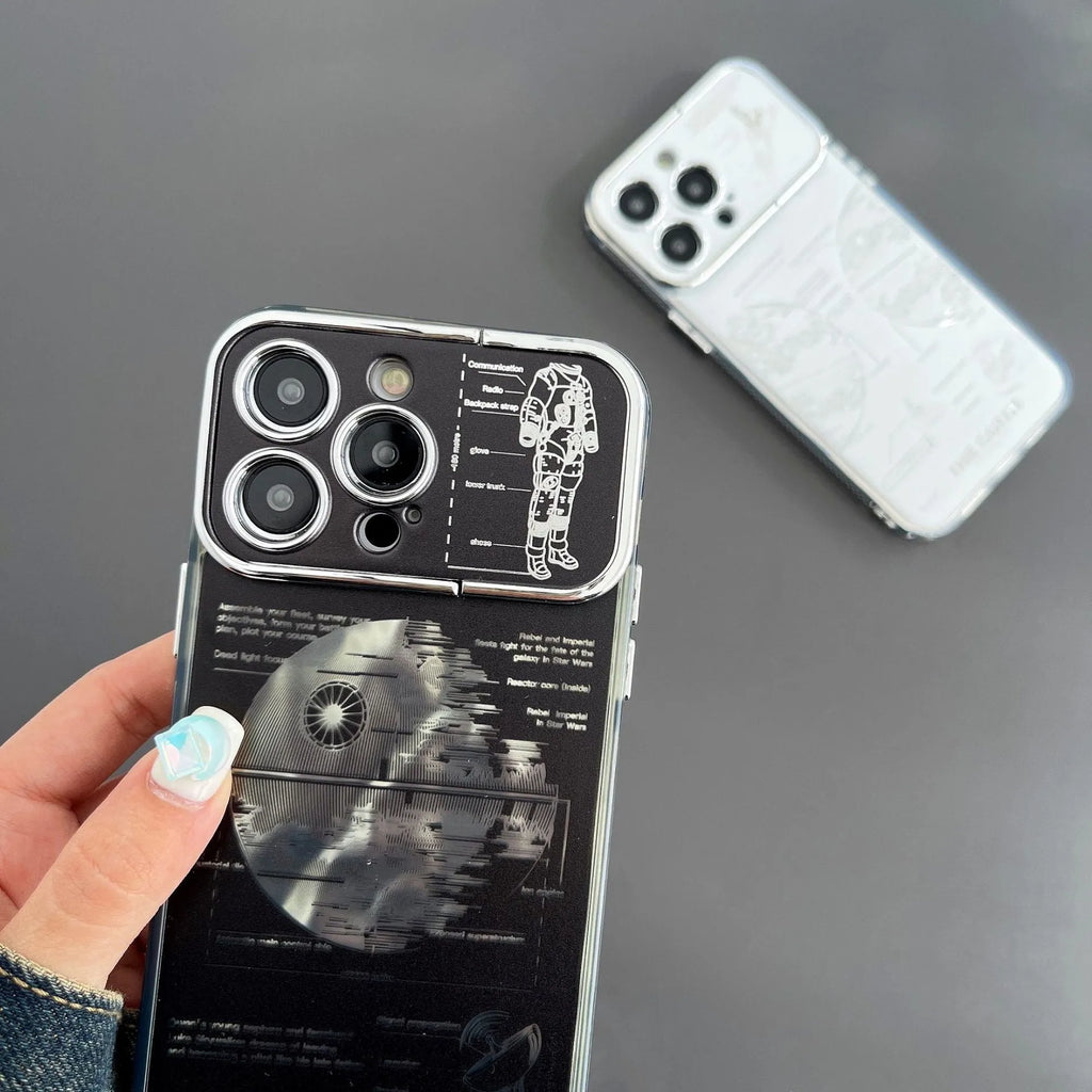 Pleated bracket TPU phone case with metal planet design for iPhone 14 Pro, two colour options shown