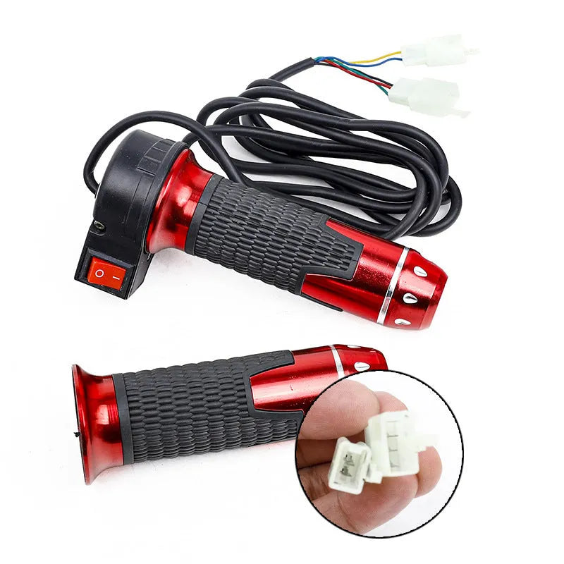 Plastic three-speed rotating handle for modifying a three-wheel electric car's accelerator, shown in a choice of colours.