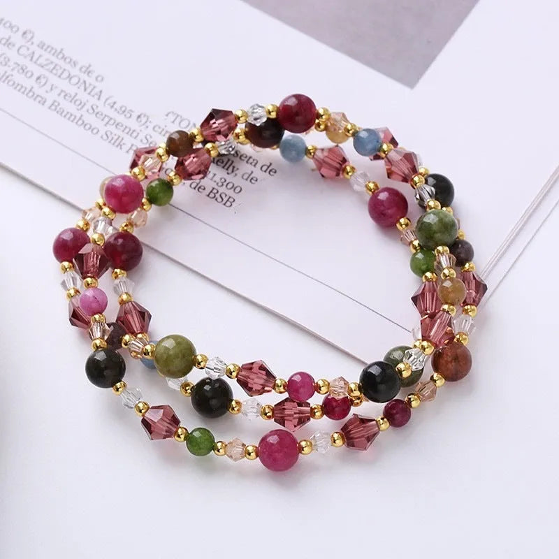 Women's three-ring crystal bracelet with colourful stones and adjustable rope closure