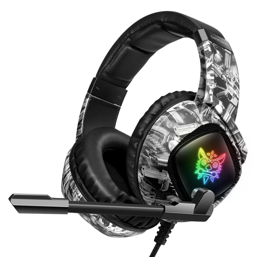 Camouflage Gray wired RGB gaming headset with head-mounted design and 3.5mm plug