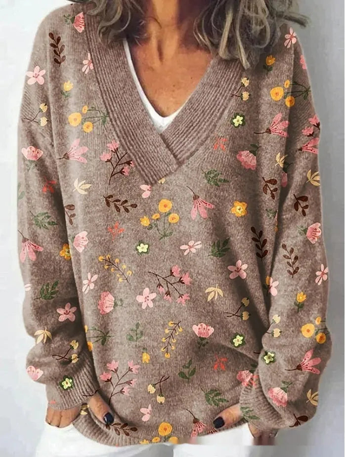 Women's V-neck sweatshirt with 3D floral pattern print and long sleeves in casual pullover style