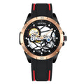 Men's rose gold automatic skeleton watch showing mechanical movement through hollow dial, 16mm thick business timepiece