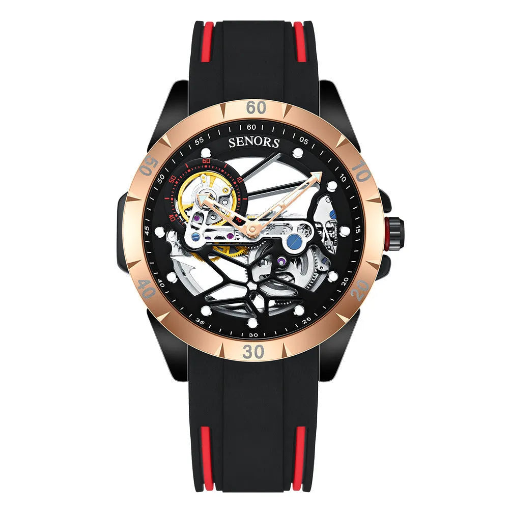 Men's rose gold automatic skeleton watch showing mechanical movement through hollow dial, 16mm thick business timepiece