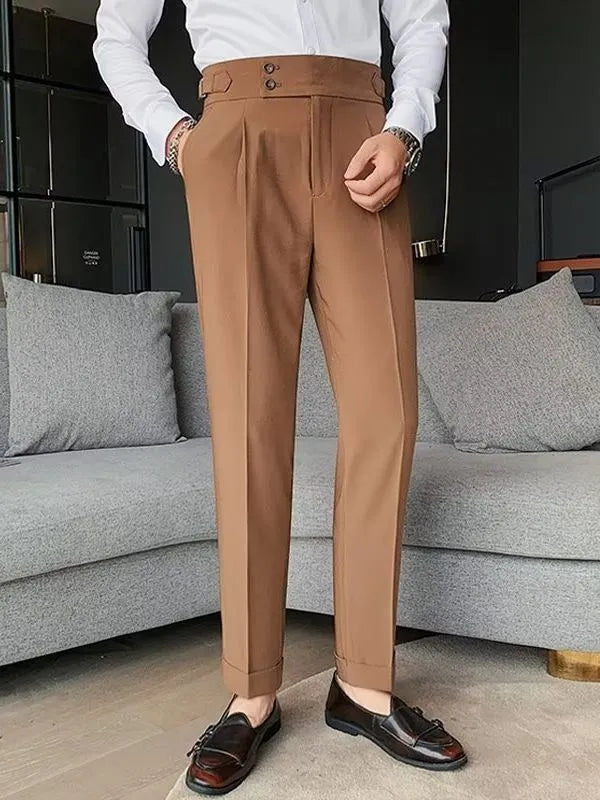 Cotton blend high waist straight casual trousers in black, shown on a model.