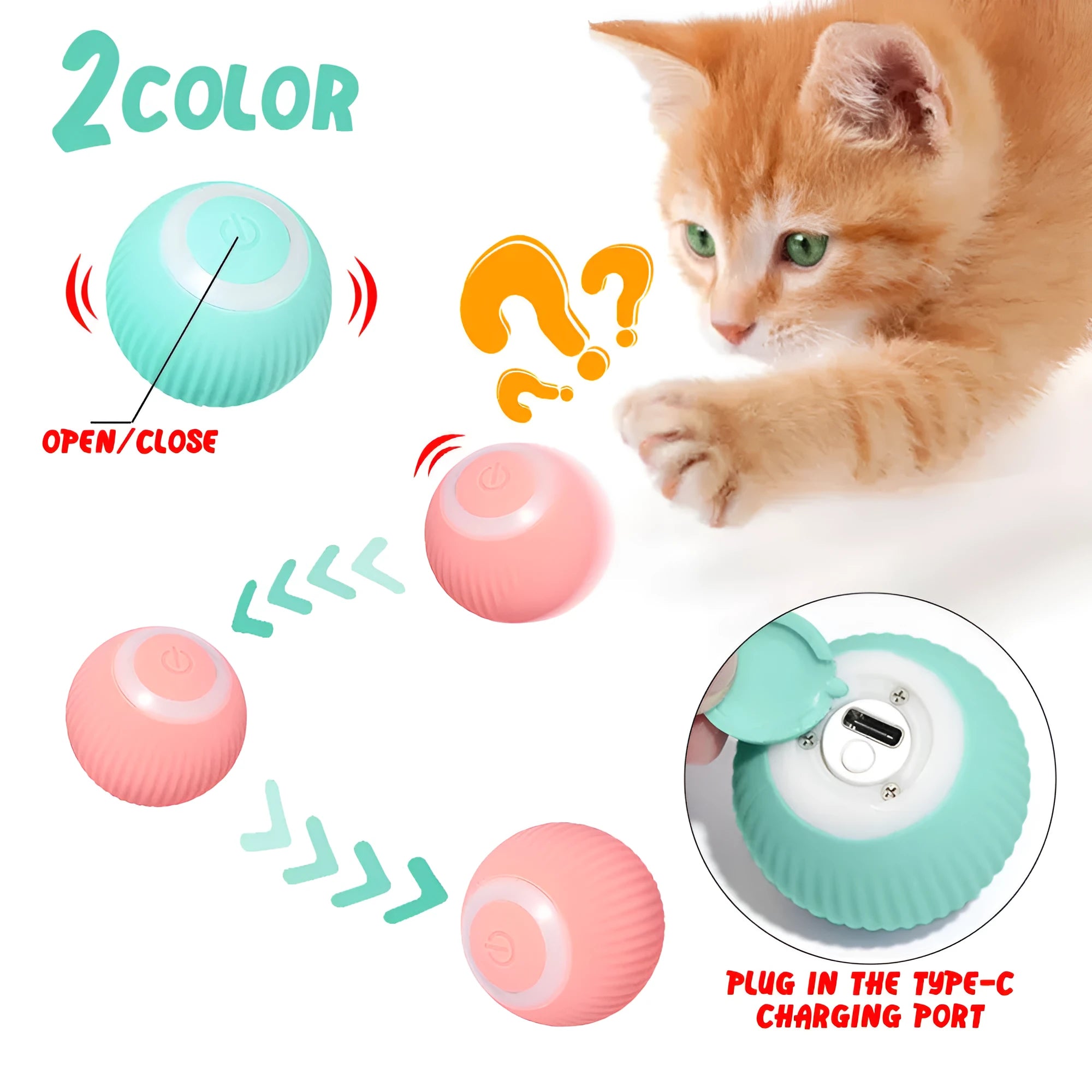 Green and pink electronic rolling ball cat toy with intelligent obstacle avoidance system