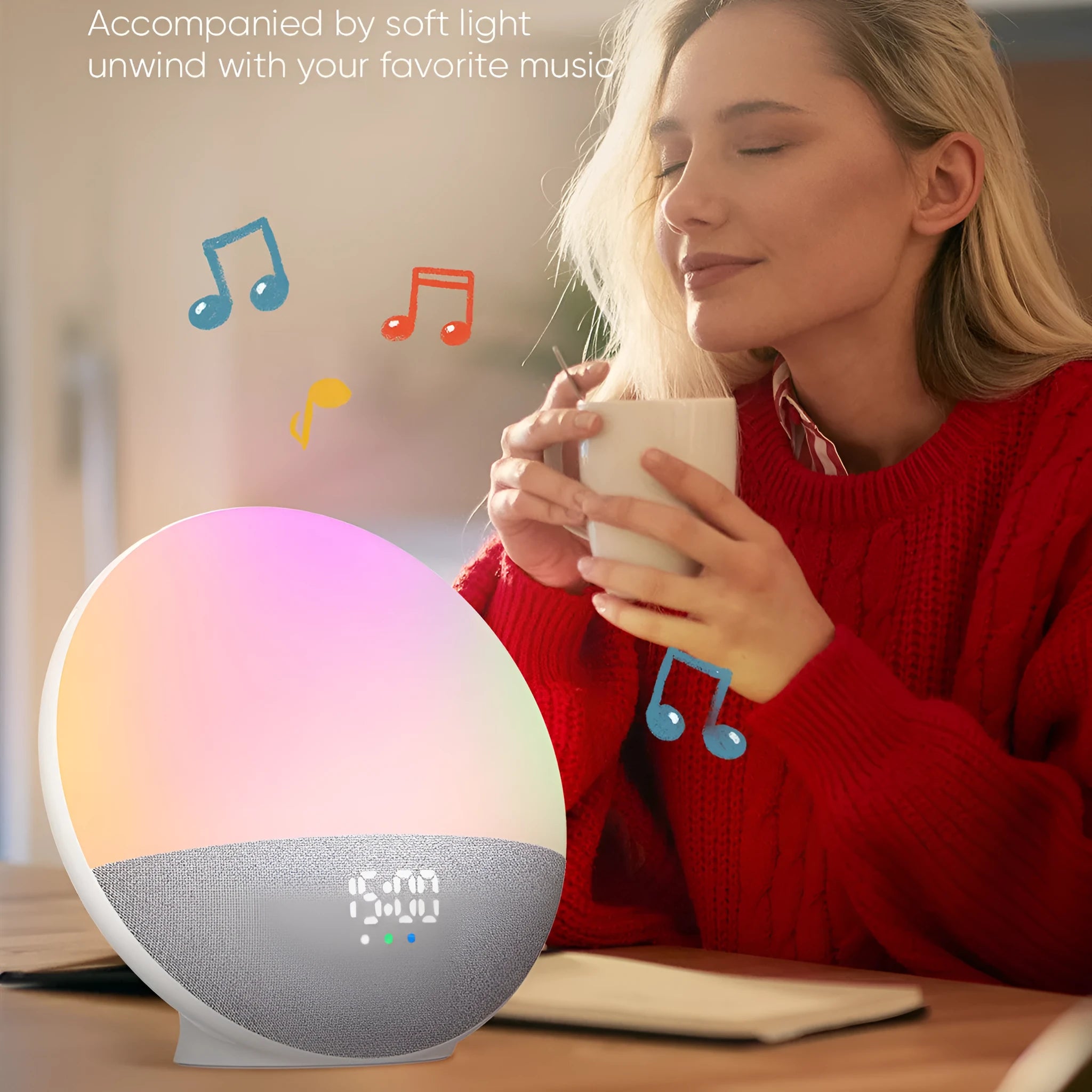 White Bluetooth speaker with RGB colourful luminous lights on a table