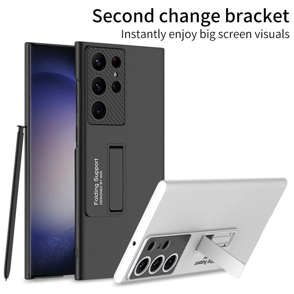 Ultra-thin PC phone case for Samsung S25 Ultra with magnetic bracket, shockproof cover in forest green.