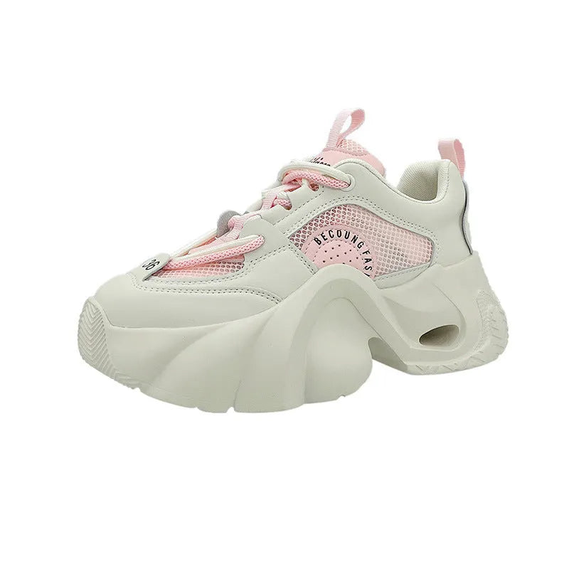 Women's pink casual sneakers with cross straps and thick platform sole