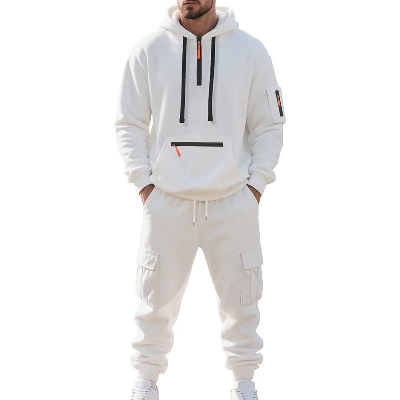 Men's loose two-piece hoodie set with fleece-lined hood, zip front, and multi-pocket top in dark gray.