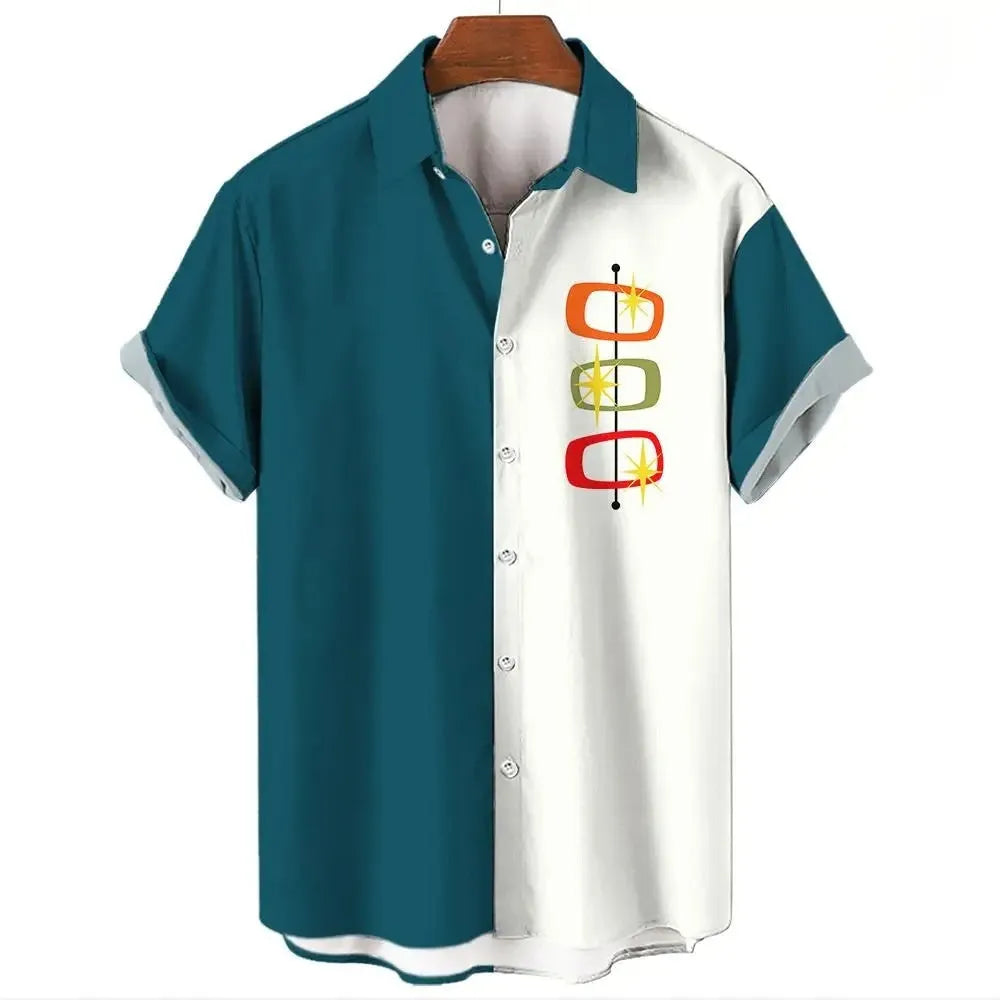 Men's striped Hawaiian casual shirt with short sleeves and button front design