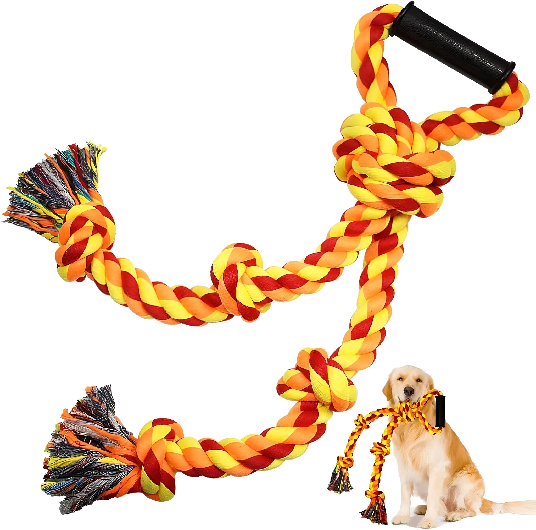 Blue and yellow durable cotton dog rope toy with ergonomic handle for large breed chewing and tug-of-war games.