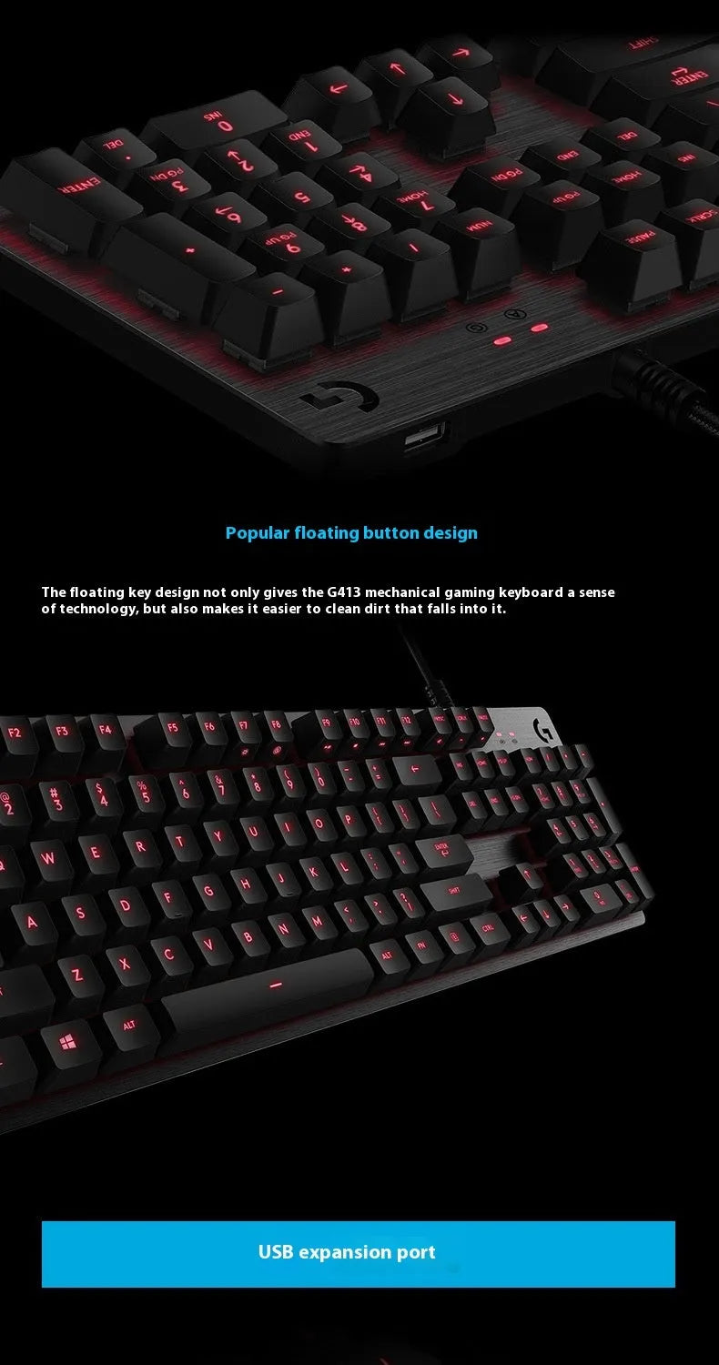 G413 104-key mechanical gaming keyboard with metal panel and USB wired connection, shown in silver white light or black red light
