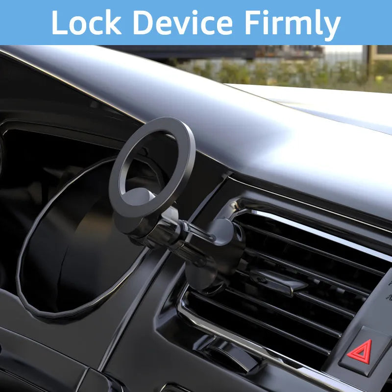 Black magnetic car air vent phone holder with O-ring for phones under 6.8 inches.