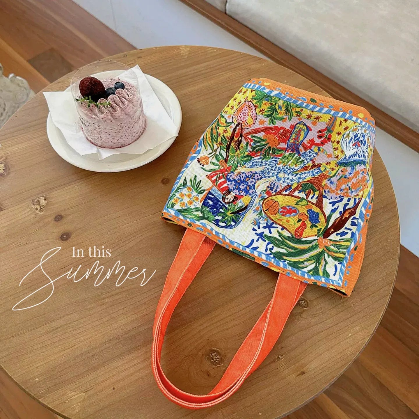 Dream garden orange plush bucket bag with printed letters and double shoulder straps