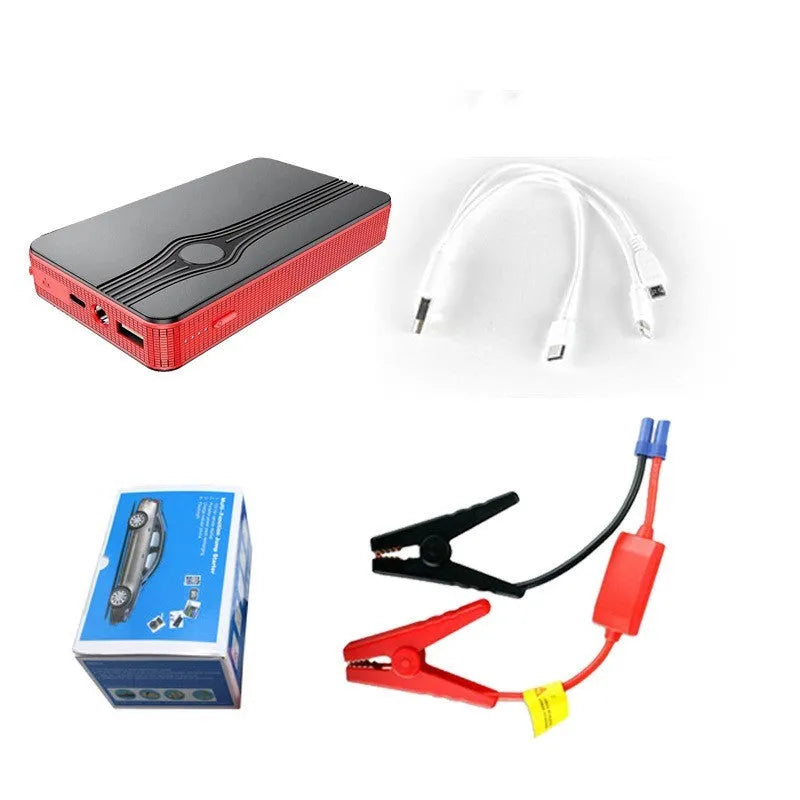Red K4-E automobile emergency jump starter power supply with data cable.