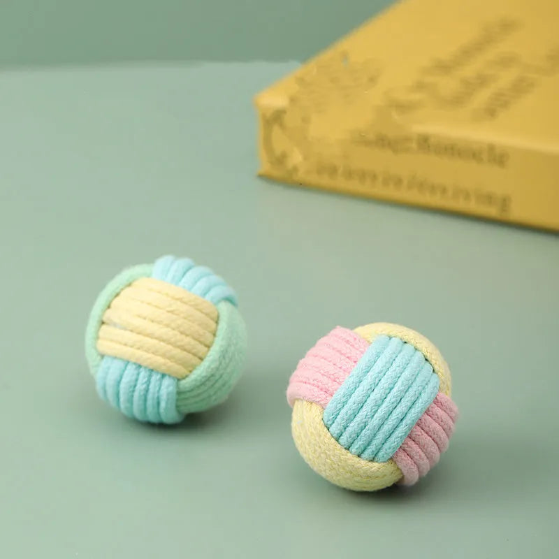 Handmade plush cotton cat hairball toy in blue pink colour for teeth grinding