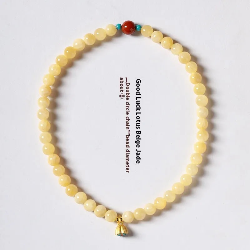 Yellow jade handmade double ring bracelet showing hand-woven texture and retro style