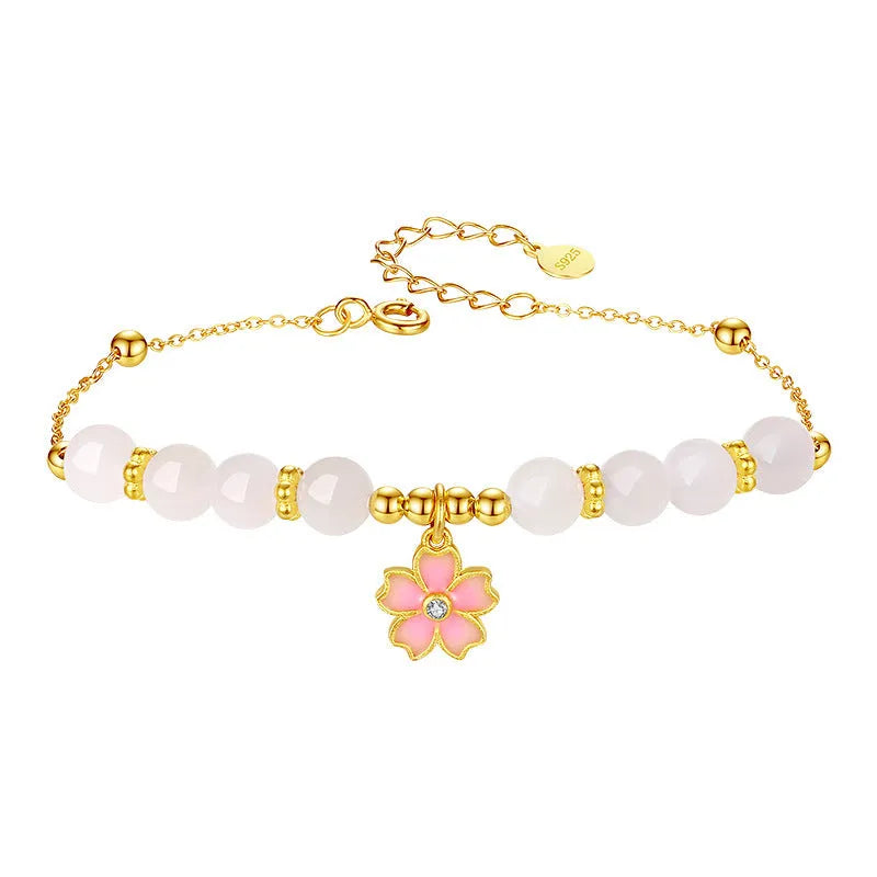 S925 silver bracelet with gradient pink cherry blossom epoxy pendant and Hetian jade beads