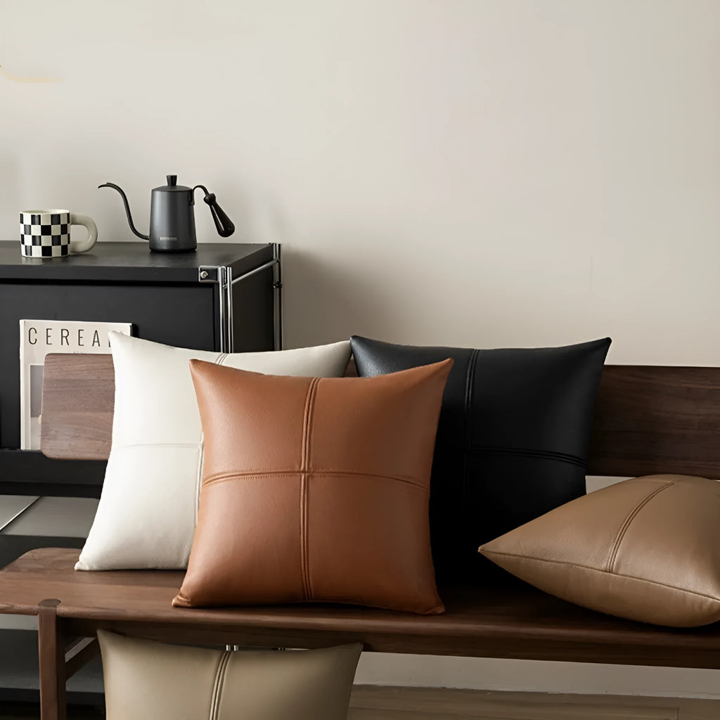 Nordic style solid colour soft cowhide leather cushion cover showing available sizes and colours.