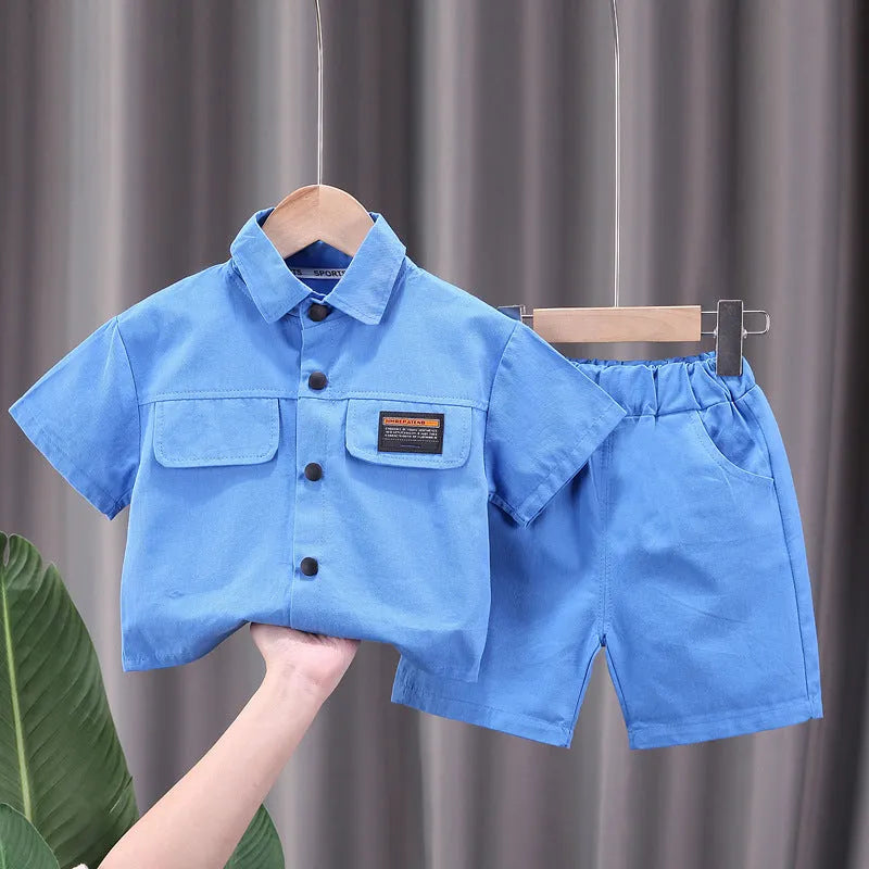 Boys cotton short-sleeved shorts suit set in solid colour, available in green beige blue for heights 80-120cm