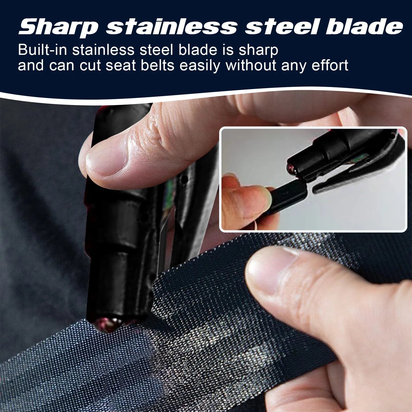 Compact black car emergency hammer with window breaker and seatbelt cutter tool for vehicle safety
