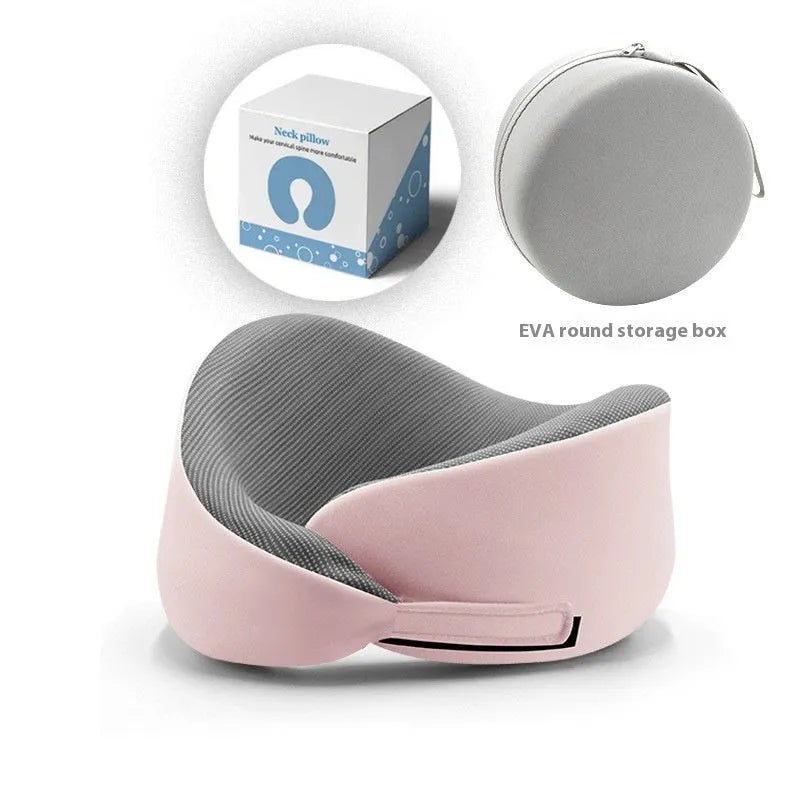 Memory foam U-shaped neck pillow with magnetic cloth neck protector in light grey, dark grey, and light pink colour options