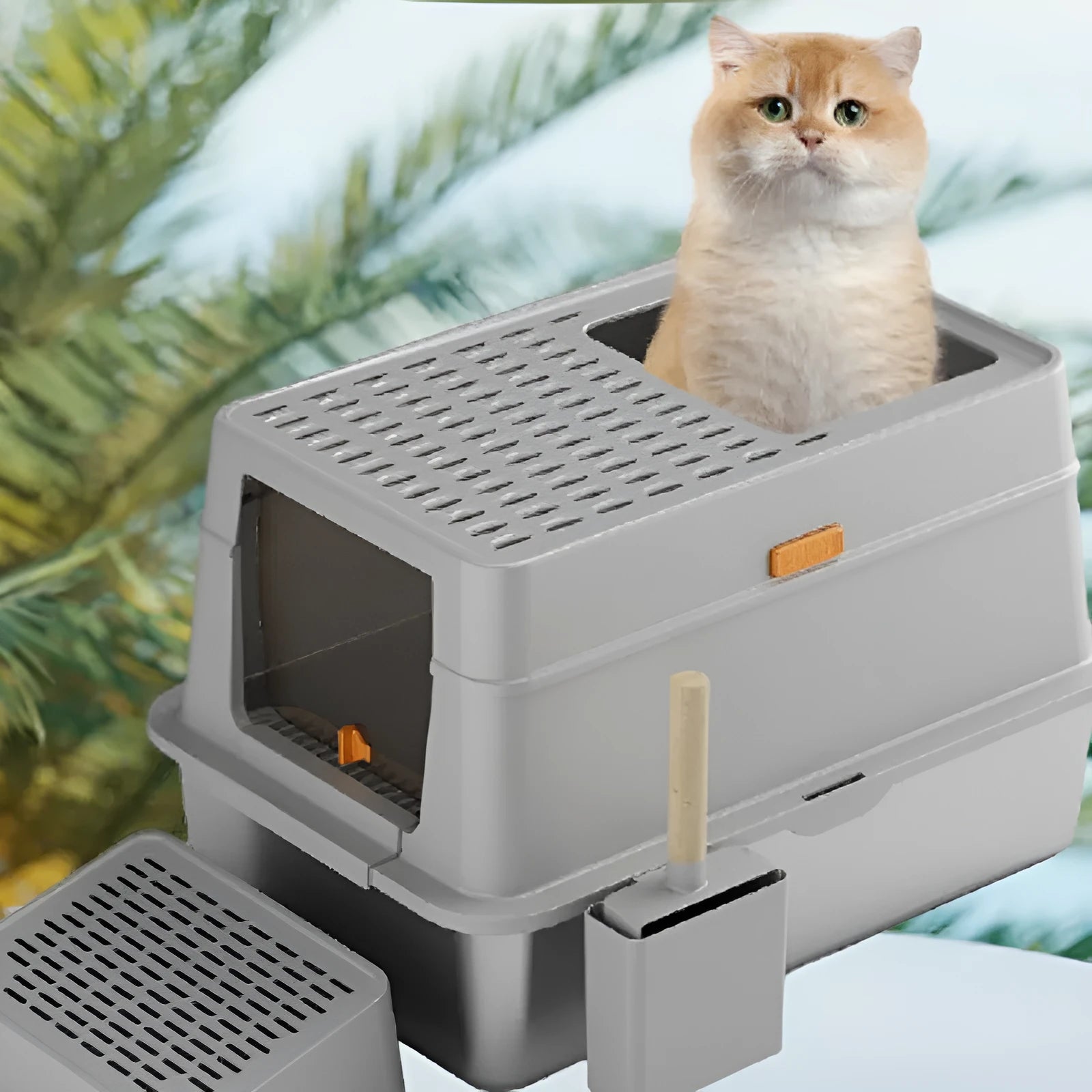 Grey fully enclosed cat litter box with pedal entrance
