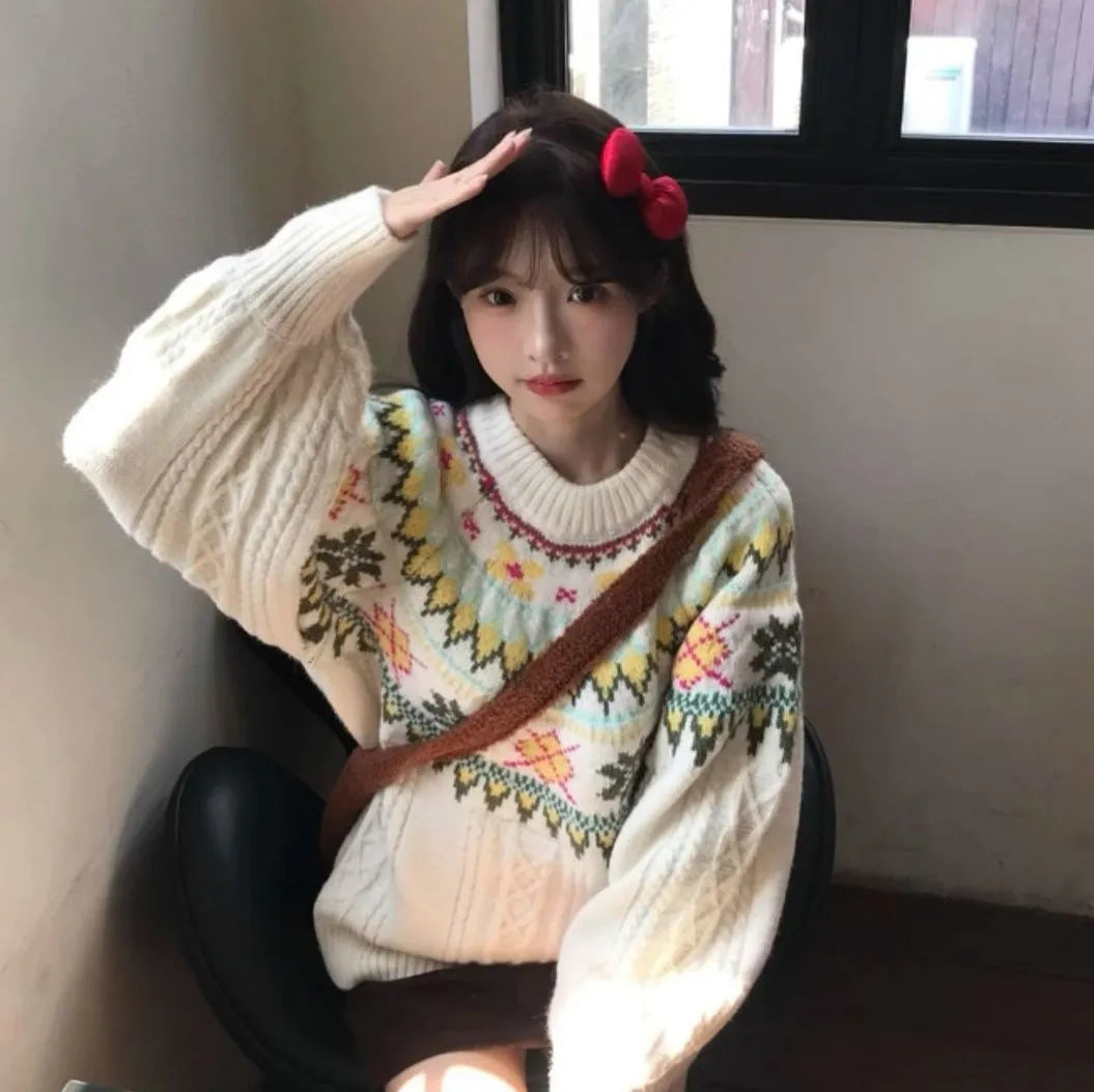 Women's milky white lantern sleeve loose mori knitwear pullover sweater