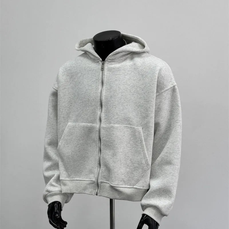 Men's grey hoodie jacket with back schoolbag design detail showing front and back views