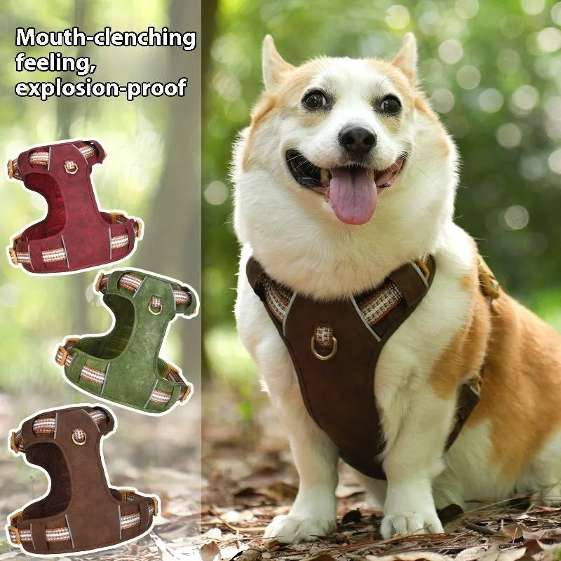 Brown explosion-proof reflective leather dog harness shown on dog with traditional design