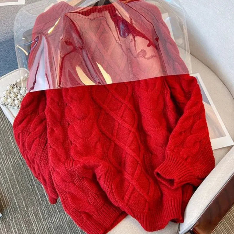 Japanese loose casual women's knitted sweater in red or beige, sizes S M L XL