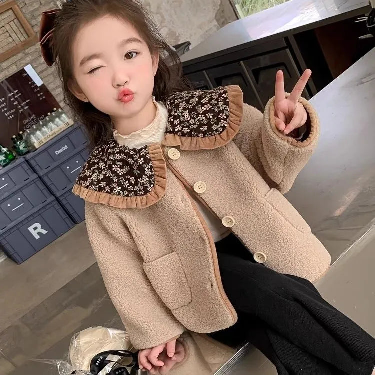 Khaki Mori style girls' fleece-lined coat with long sleeves and thickened polyester for winter