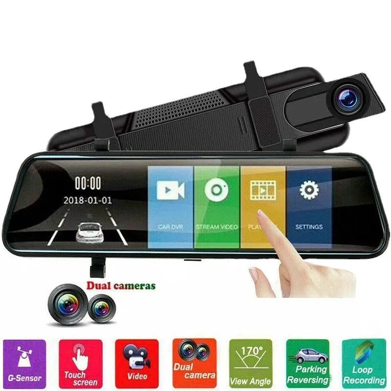 HD 1080p dual lens rearview mirror recorder with 9.66 inch touch screen display