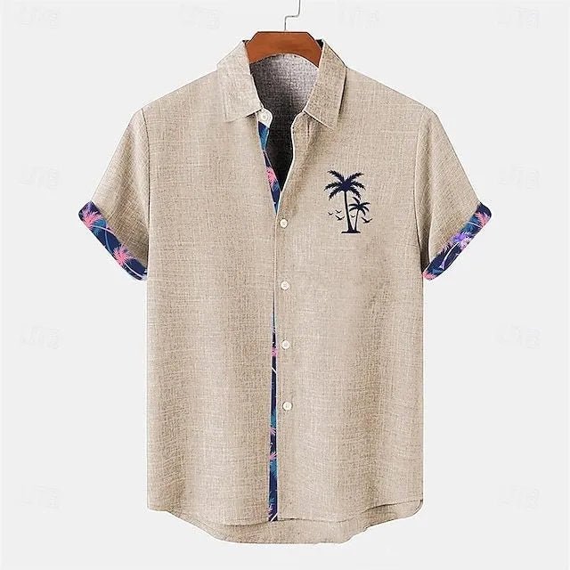 Loose fit linen short sleeve casual shirt with a blue ocean fish pattern on the lapel.