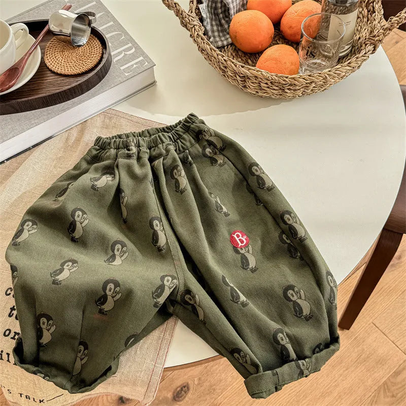 Cartoon printed cotton harem children's casual pants in 5051 Yellow, elastic waistband, available in sizes 80cm to 130cm
