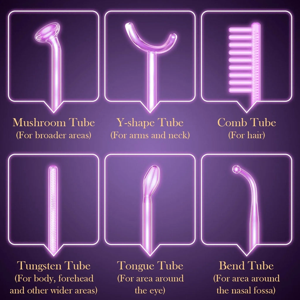 Purple high wave electrotherapy rod with six accessory heads for skin rejuvenation treatments