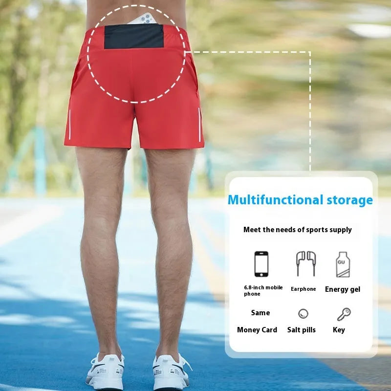 Men's loose fit high-waist off-road running shorts in red, shown front view