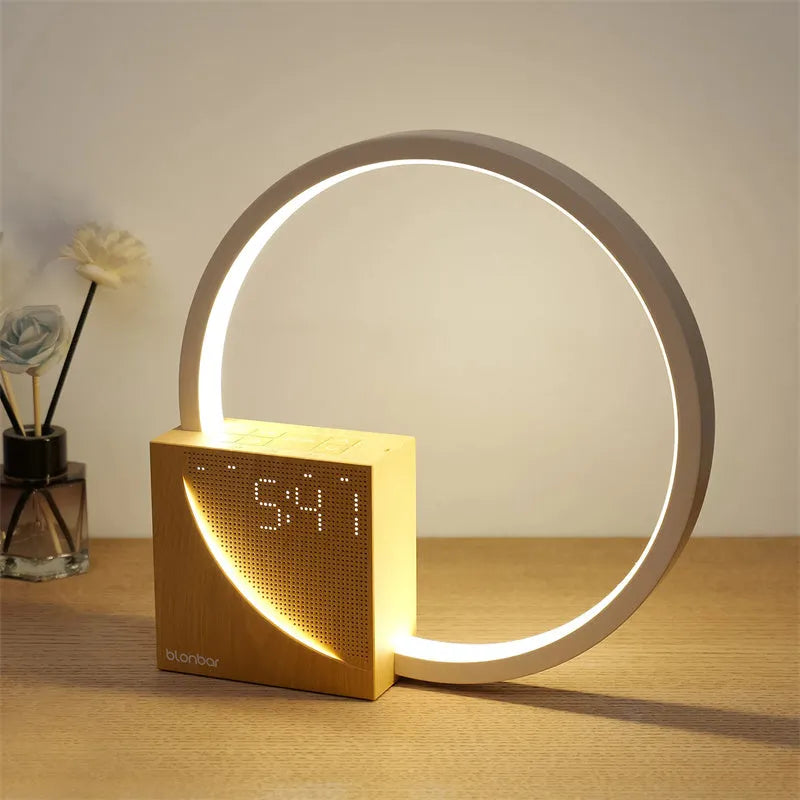 Navy Blue touch-control bedside lamp with digital alarm clock display and integrated speakers