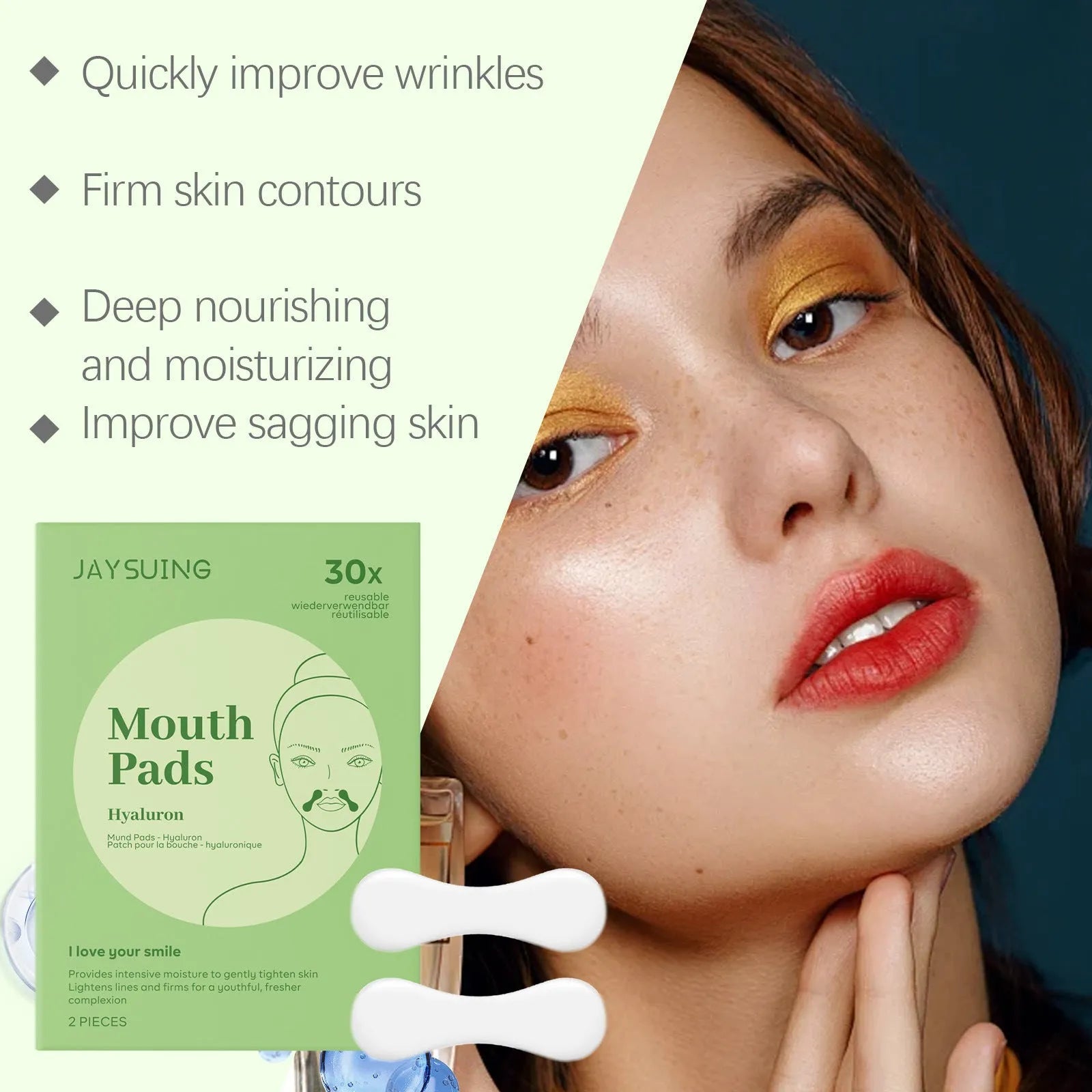 Two facial skin firming care patches with collagen and hyaluronic acid ingredients