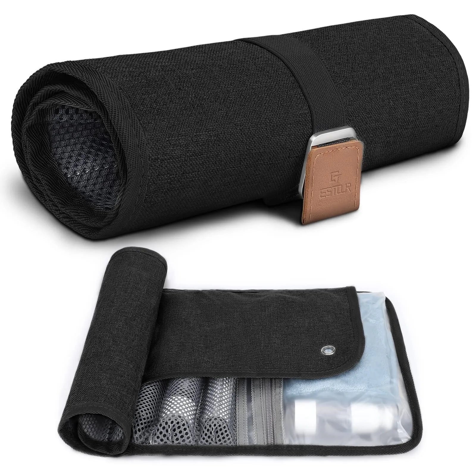 Men's portable reel wash bag in black or light brown with buggy bag design for travel toiletries storage