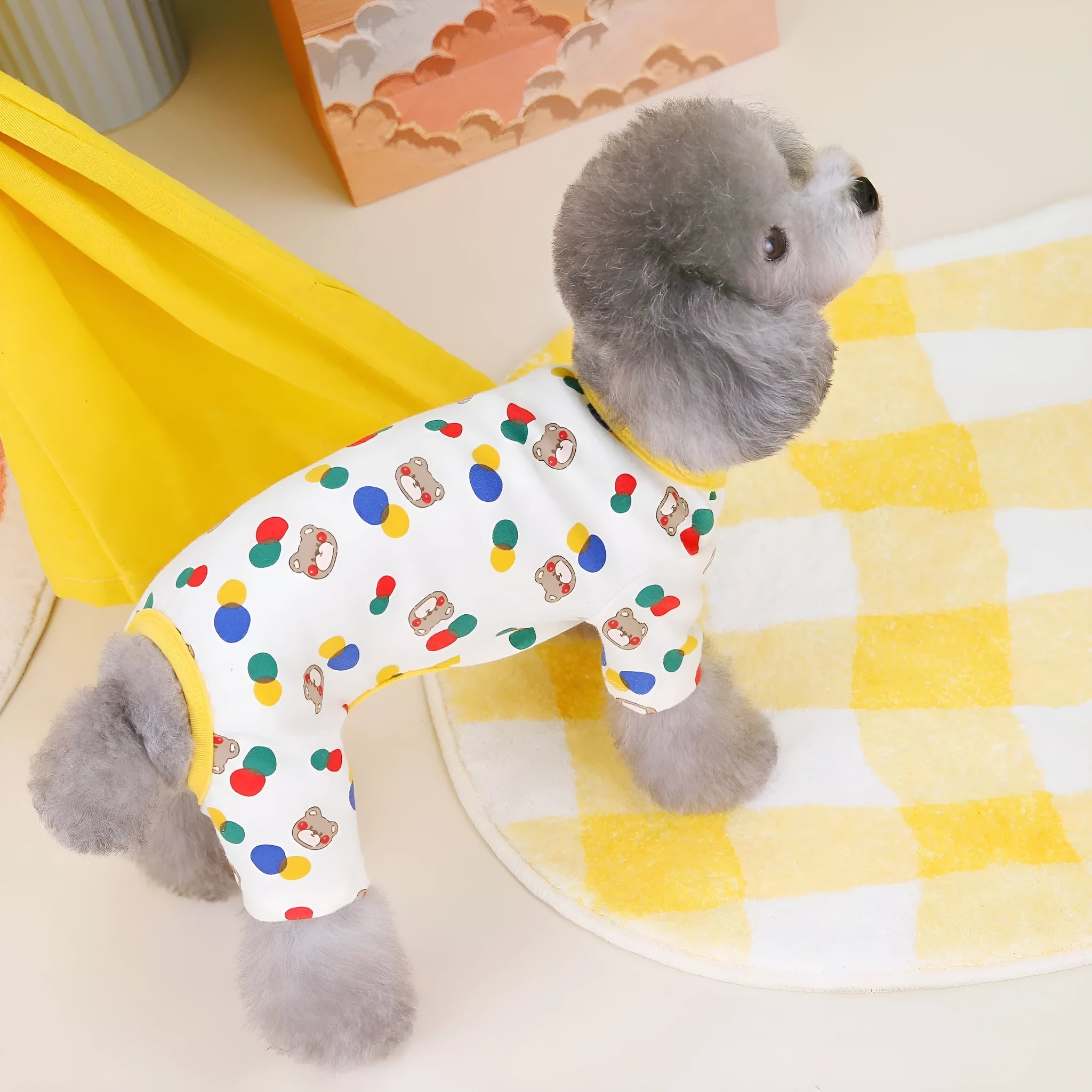 Dog wearing ball bear design cotton blend pet clothes in beige colour