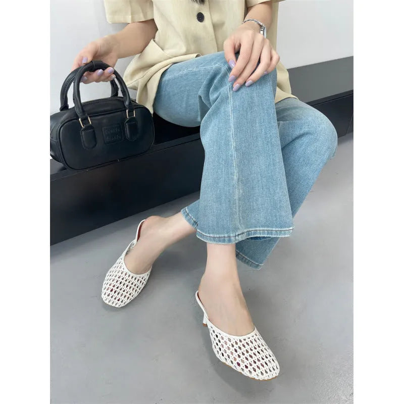 Closed toe weaving hollow sandals for women sheepskin cowhide upper PU sole black and white sizes 35 to 43