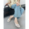 Closed toe weaving hollow sandals for women sheepskin cowhide upper PU sole black and white sizes 35 to 43